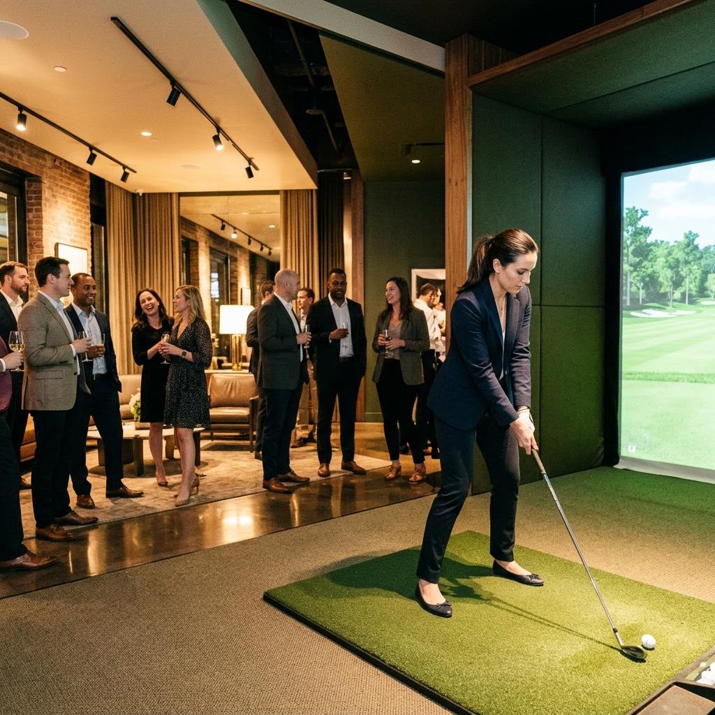 Guest taking a swing at a golf simulator set up indoors during a corporate gathering