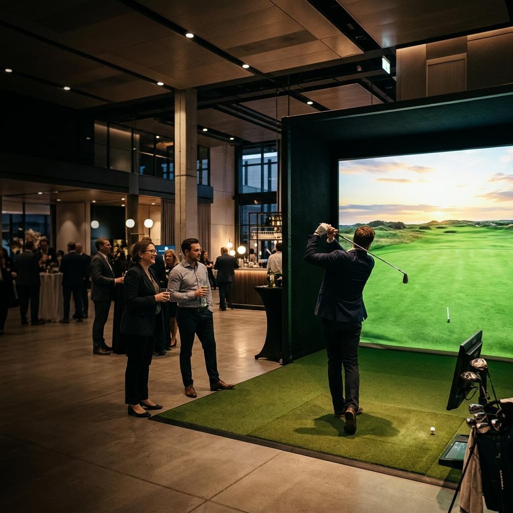 Guests enjoying a golf simulator set up inside an event venue